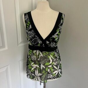 Y2K GREEN AND BLACK AGENDA FLORAL‎ PRINT SHEER TIE BACK TANK TOP